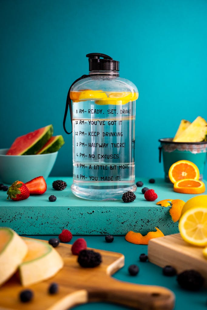 Bright composition of mixed fruits around a motivational water bottle indoors. Thriving with Lemon Water